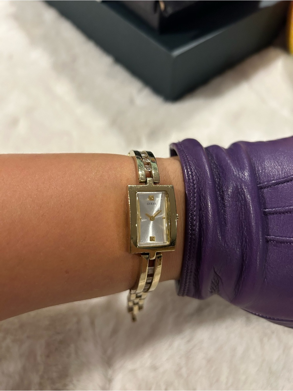 GUESS Gold-Tone Women's Rectangular Bracelet Watch with Silver Dial